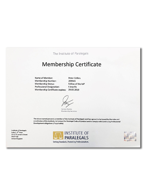 The institute of paralegals membership certificate service image